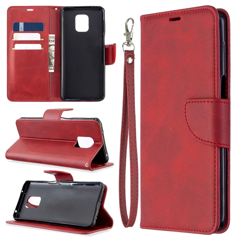Wallet Stand Leather Phone Shell with Strap for Xiaomi Redmi Note 9 Pro Max/Note 9 Pro/Note 9S - Red