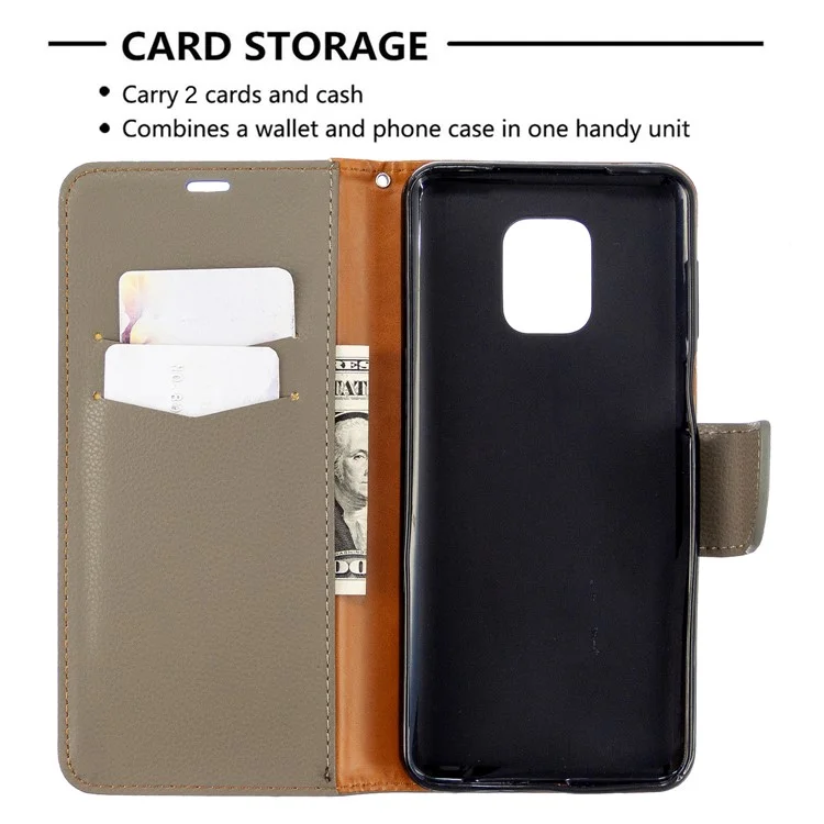 Litchi Skin Wallet Leather Stand Case for Xiaomi Redmi Note 9 Pro Max/Redmi Note 9S/Redmi Note 9 Pro - Grey