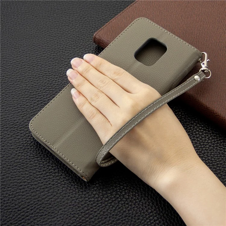 Litchi Skin Wallet Leather Stand Case for Xiaomi Redmi Note 9 Pro Max/Redmi Note 9S/Redmi Note 9 Pro - Grey