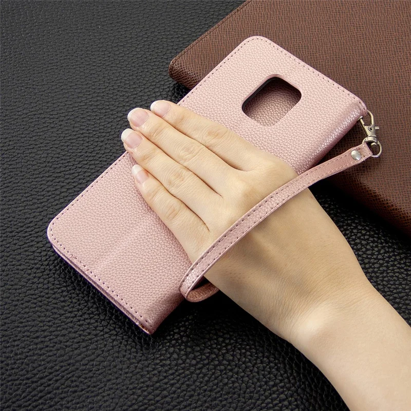 Etui portfelik ze skóry z nadrukiem litchi na Xiaomi Redmi Note 9 Pro Max/Redmi Note 9S/Redmi Note 9 Pro - różowa złota