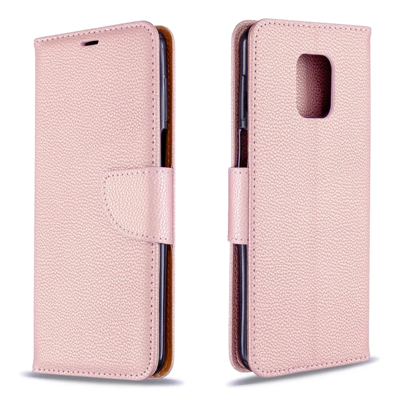 Etui portfelik ze skóry z nadrukiem litchi na Xiaomi Redmi Note 9 Pro Max/Redmi Note 9S/Redmi Note 9 Pro - różowa złota