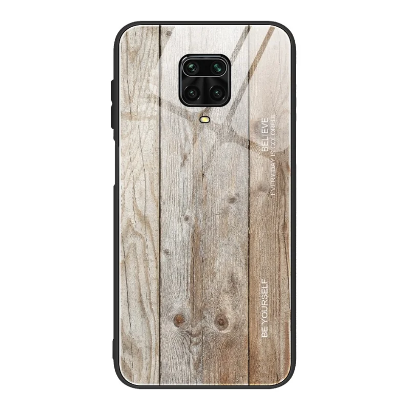 Wood Grain Pattern TPU+Tempered Glass Back Case for Xiaomi Redmi Note 9S/Note 9 Pro Max - Grey