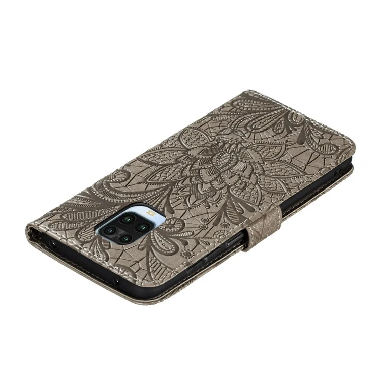 Imprinted Lace Flower Skin Leather Wallet Cover for Xiaomi Redmi Note 9S/Redmi Note 9 Pro/Redmi Note 9 Pro Max - Grey