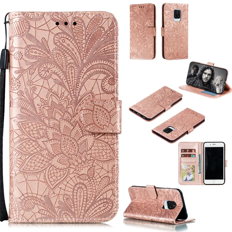 Imprinted Lace Flower Skin Leather Wallet Cover for Xiaomi Redmi Note 9S/Redmi Note 9 Pro/Redmi Note 9 Pro Max - Rose Gold