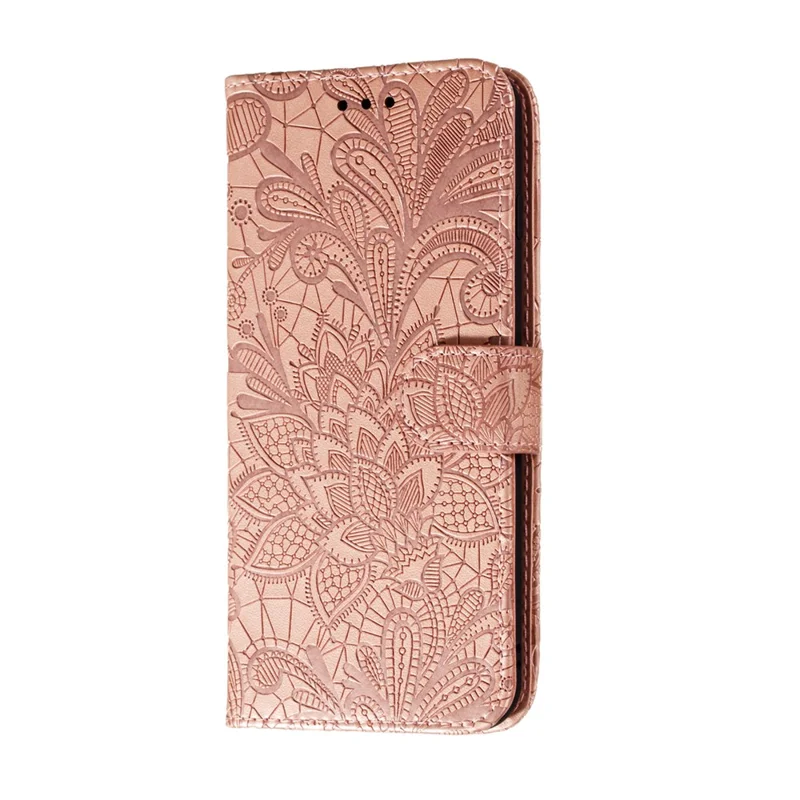 Imprinted Lace Flower Skin Leather Wallet Cover for Xiaomi Redmi Note 9S/Redmi Note 9 Pro/Redmi Note 9 Pro Max - Rose Gold