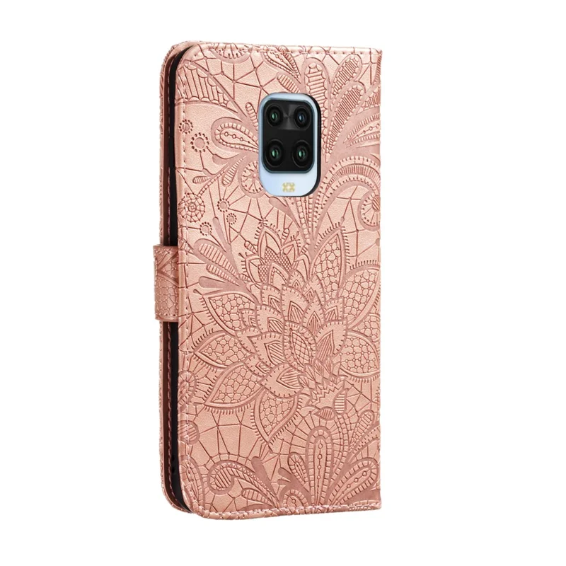 Imprinted Lace Flower Skin Leather Wallet Cover for Xiaomi Redmi Note 9S/Redmi Note 9 Pro/Redmi Note 9 Pro Max - Rose Gold