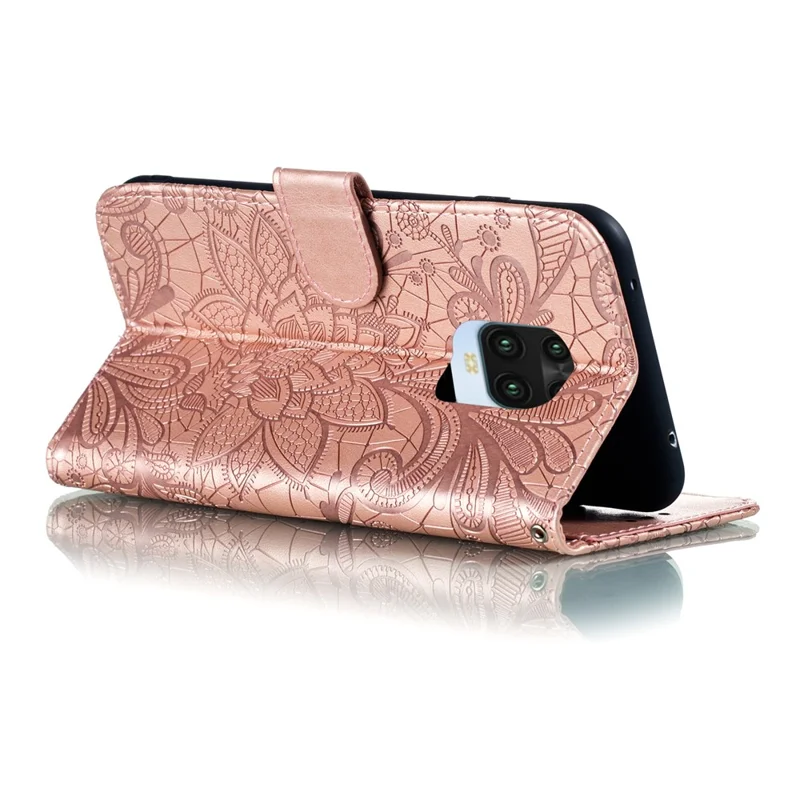 Imprinted Lace Flower Skin Leather Wallet Cover for Xiaomi Redmi Note 9S/Redmi Note 9 Pro/Redmi Note 9 Pro Max - Rose Gold