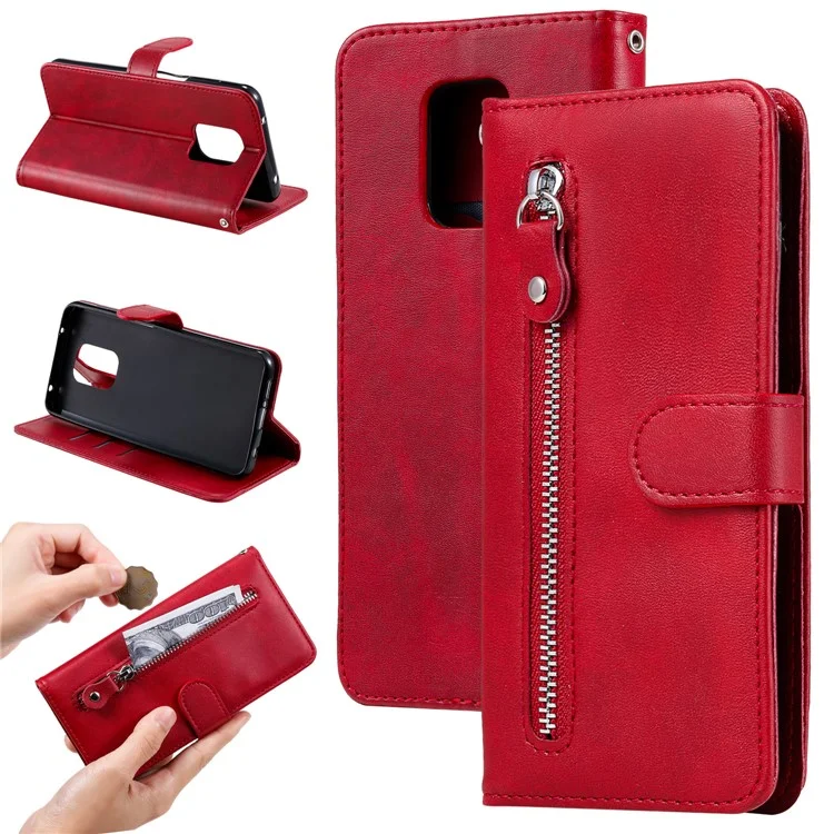 Fashion Zipper Pocket pu le Cuir Portefeuille Couverture de Téléphone Pour Xiaomi Redmi Note 9s / 9 Pro Max / 9 Pro - Rouge