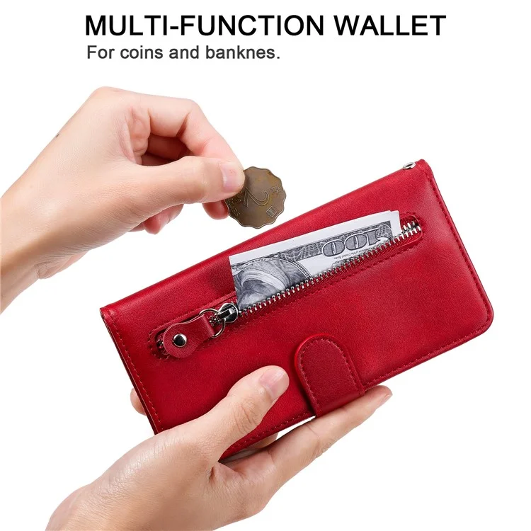 Fashion Zipper Pocket pu le Cuir Portefeuille Couverture de Téléphone Pour Xiaomi Redmi Note 9s / 9 Pro Max / 9 Pro - Rouge