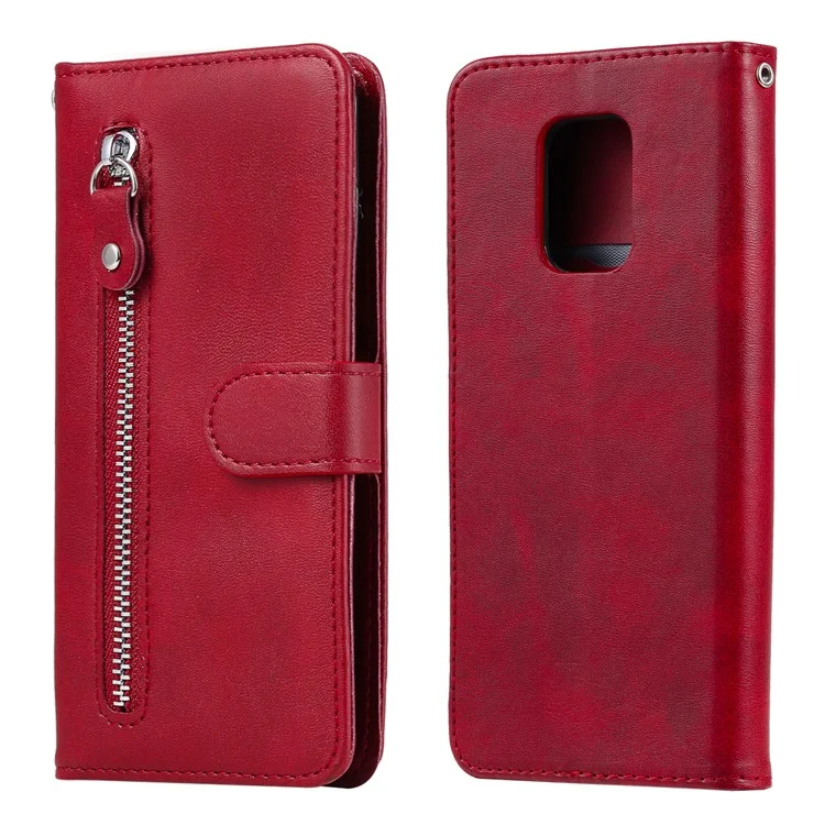 Fashion Zipper Pocket pu le Cuir Portefeuille Couverture de Téléphone Pour Xiaomi Redmi Note 9s / 9 Pro Max / 9 Pro - Rouge