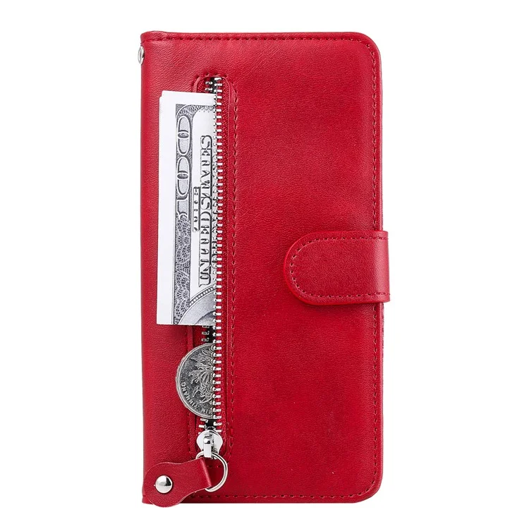 Fashion Zipper Pocket pu le Cuir Portefeuille Couverture de Téléphone Pour Xiaomi Redmi Note 9s / 9 Pro Max / 9 Pro - Rouge