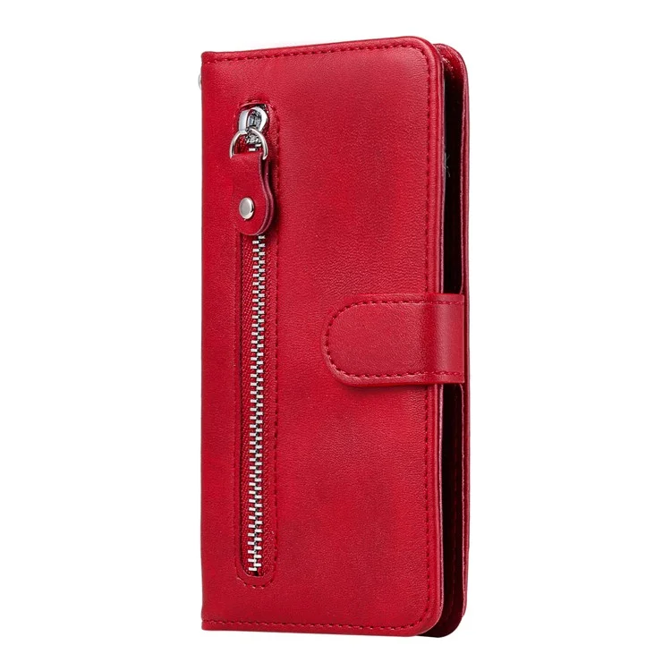 Fashion Zipper Pocket pu le Cuir Portefeuille Couverture de Téléphone Pour Xiaomi Redmi Note 9s / 9 Pro Max / 9 Pro - Rouge