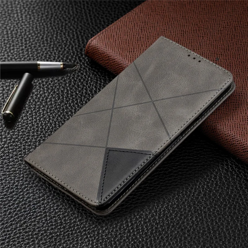 Geometric Pattern Auto-Absorbed Leather Shell Case for Xiaomi Redmi Note 9 Pro / Note 9 Pro Max / Note 9S - Grey