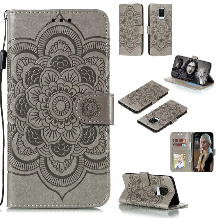 Imprint Mandala Flower Leather Phone Cover for Xiaomi Redmi Note 9 Pro/Note 9 Pro Max/Note 9S - Grey