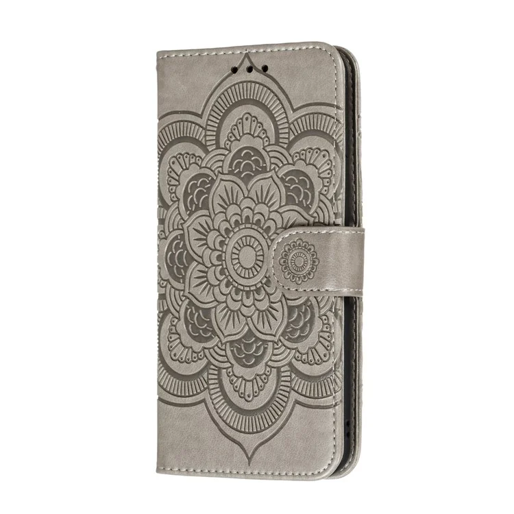 Imprint Mandala Flower Leather Phone Cover for Xiaomi Redmi Note 9 Pro/Note 9 Pro Max/Note 9S - Grey