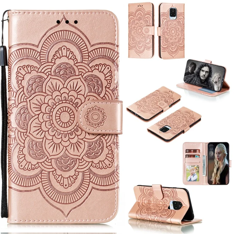 Imprint Mandala Flower Leren Telefoonhoesje voor Xiaomi Redmi Note 9 Pro/Note 9 Pro Max/Note 9S - Roze Goud