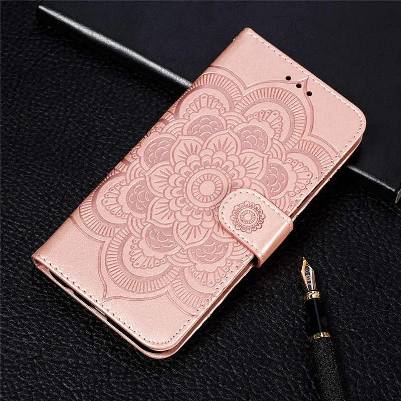 Imprint Mandala Flower Leren Telefoonhoesje voor Xiaomi Redmi Note 9 Pro/Note 9 Pro Max/Note 9S - Roze Goud