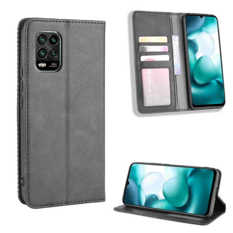 Auto-absorbed Retro Leather Shell Stand Wallet Case for Xiaomi Mi 10 Lite 5G/10 Youth 5G - Black