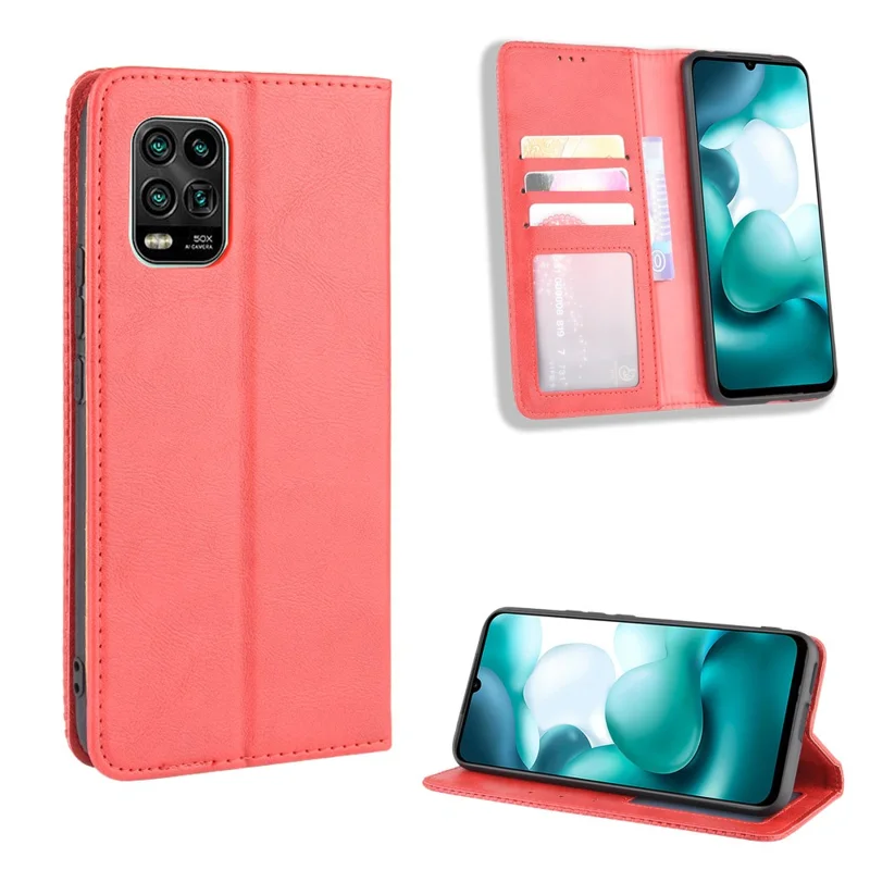 Custodia Portafoglio in Pelle Retro Assorbitasi Automaticamente per Xiaomi Mi 10 Lite 5G/10 Youth 5G - Rosso
