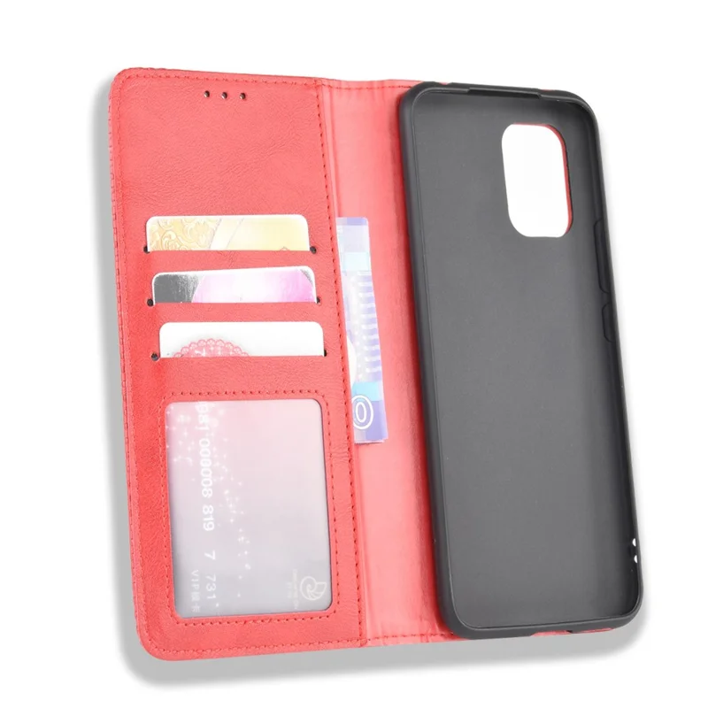Custodia Portafoglio in Pelle Retro Assorbitasi Automaticamente per Xiaomi Mi 10 Lite 5G/10 Youth 5G - Rosso