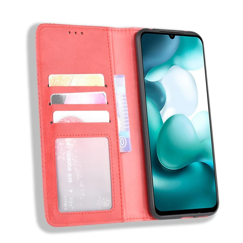 Custodia Portafoglio in Pelle Retro Assorbitasi Automaticamente per Xiaomi Mi 10 Lite 5G/10 Youth 5G - Rosso