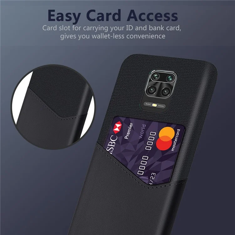 Capa de telefone de PC revestida com couro PU com porta-cartão para Xiaomi Redmi Note 9 Pro/Note 9 Pro Max/Note 9S - Preto