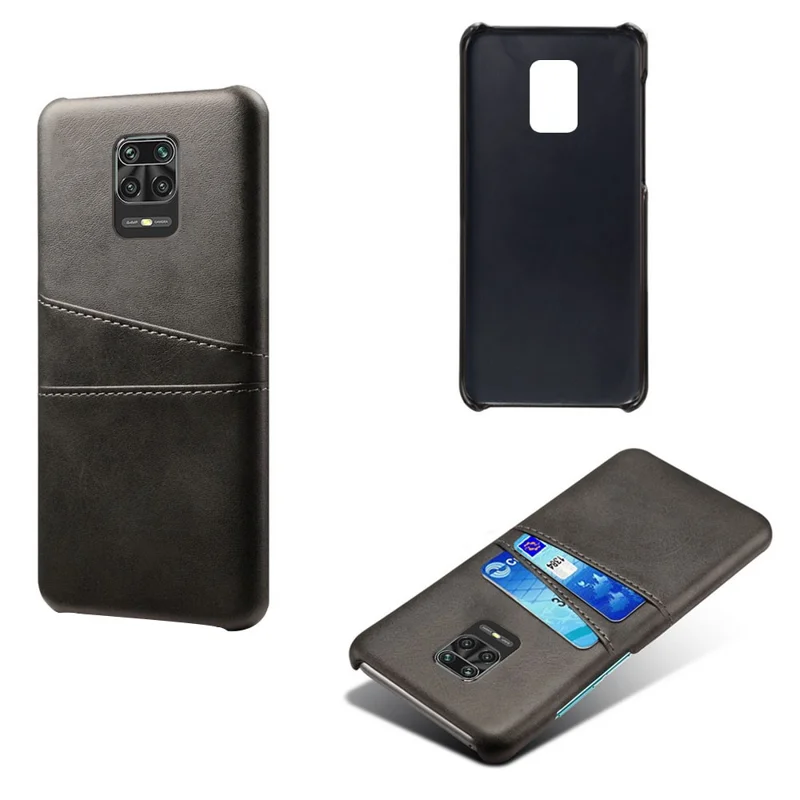 KSQ Double Card Slots PU Leather Coated Plastic Phone Hard Cover for Xiaomi Redmi Note 9 Pro/9 Pro Max/9S - Black