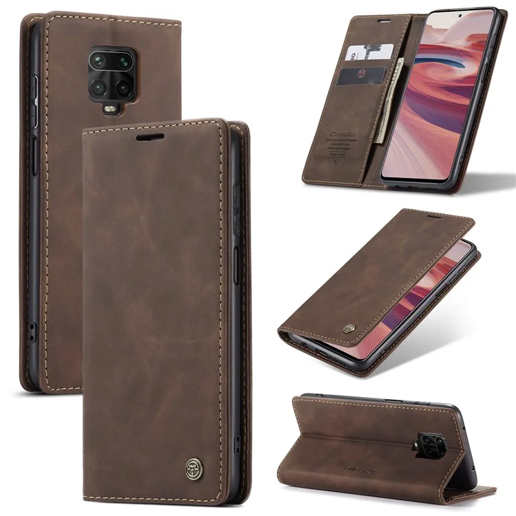 CASEME 013 Series Auto-absorbed Leather Wallet Case for Xiaomi Redmi Note 9 Pro/Note 9 Pro Max/Note 9S - Coffee