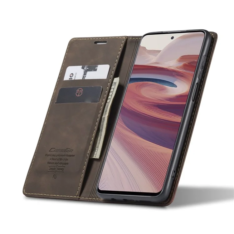 CASEME 013 Series Auto-absorbed Leather Wallet Case for Xiaomi Redmi Note 9 Pro/Note 9 Pro Max/Note 9S - Coffee