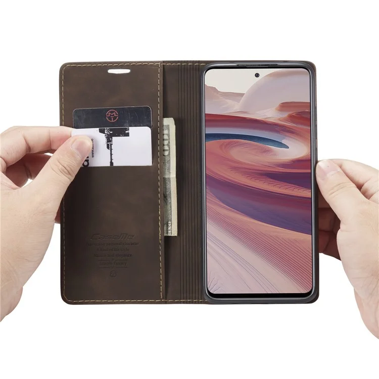 CASEME 013 Series Auto-absorbed Leather Wallet Case for Xiaomi Redmi Note 9 Pro/Note 9 Pro Max/Note 9S - Coffee