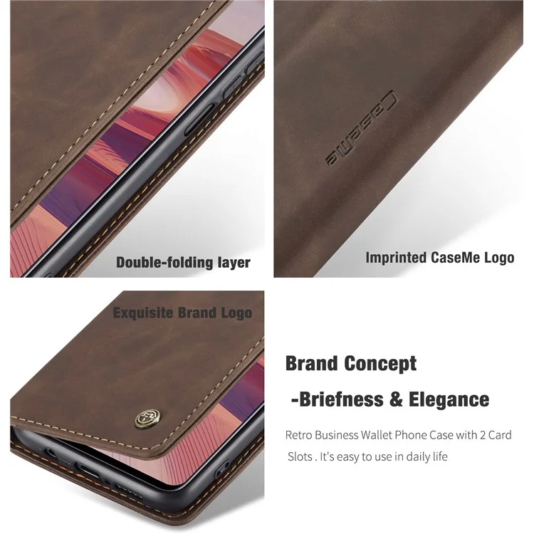 CASEME 013 Series Auto-absorbed Leather Wallet Case for Xiaomi Redmi Note 9 Pro/Note 9 Pro Max/Note 9S - Coffee