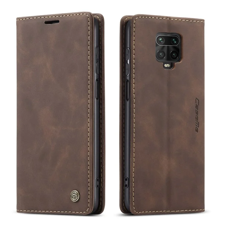 CASEME 013 Series Auto-absorbed Leather Wallet Case for Xiaomi Redmi Note 9 Pro/Note 9 Pro Max/Note 9S - Coffee