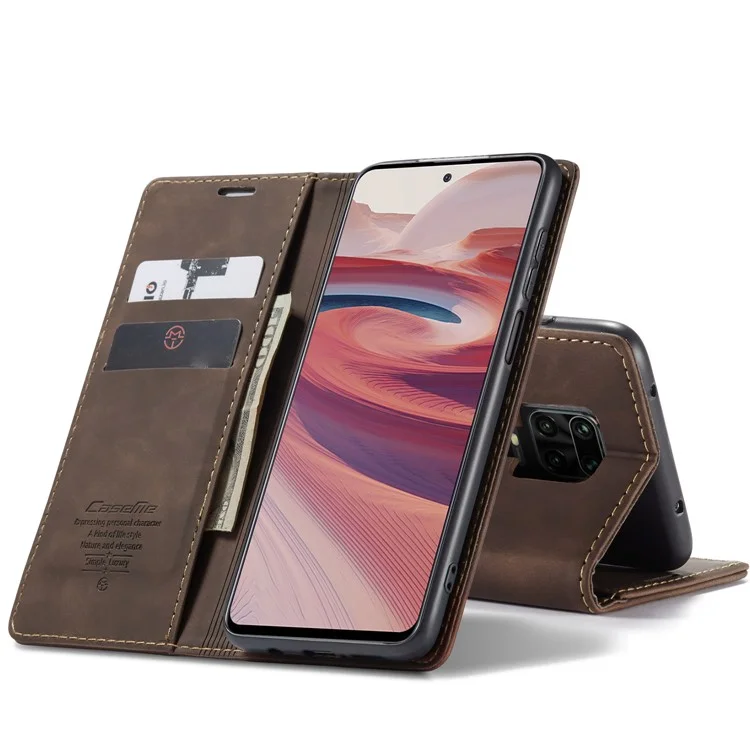 CASEME 013 Series Auto-absorbed Leather Wallet Case for Xiaomi Redmi Note 9 Pro/Note 9 Pro Max/Note 9S - Coffee