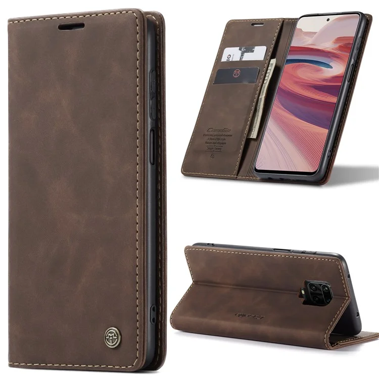 CASEME 013 Series Auto-absorbed Leather Wallet Case for Xiaomi Redmi Note 9 Pro/Note 9 Pro Max/Note 9S - Coffee