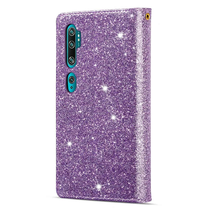 Glittery Starry Style Laser Carving Leather Case for Xiaomi Mi CC9 Pro/Mi Note 10/Mi Note 10 Pro - Purple