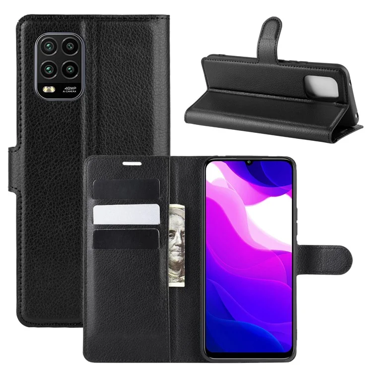 Litchi Skin Wallet Leather Stand Case for Xiaomi Mi 10 Lite 5G - Black