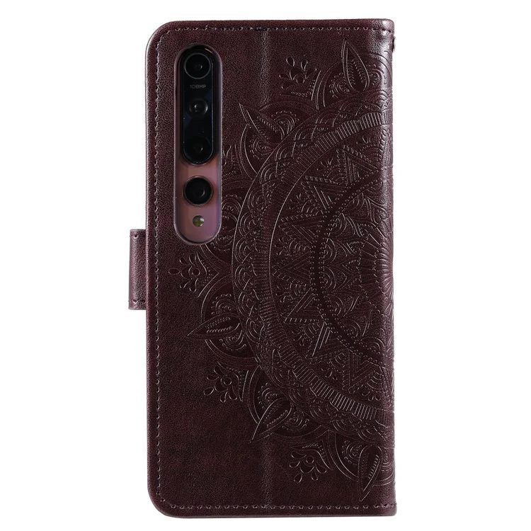 Imprint Flower Leather with Wallet Shell for Xiaomi Mi 10 - Brown