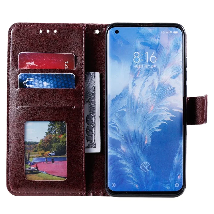 Imprint Flower Leather with Wallet Shell for Xiaomi Mi 10 - Brown