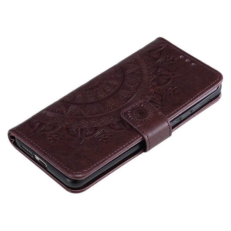 Imprint Flower Leather with Wallet Shell for Xiaomi Mi 10 - Brown