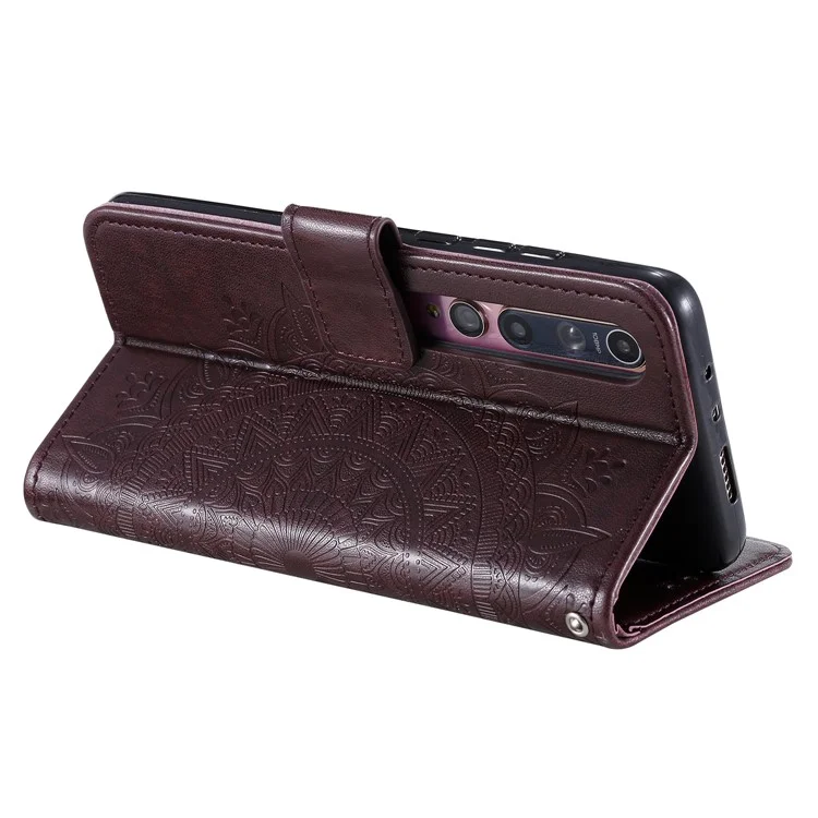 Imprint Flower Leather with Wallet Shell for Xiaomi Mi 10 - Brown