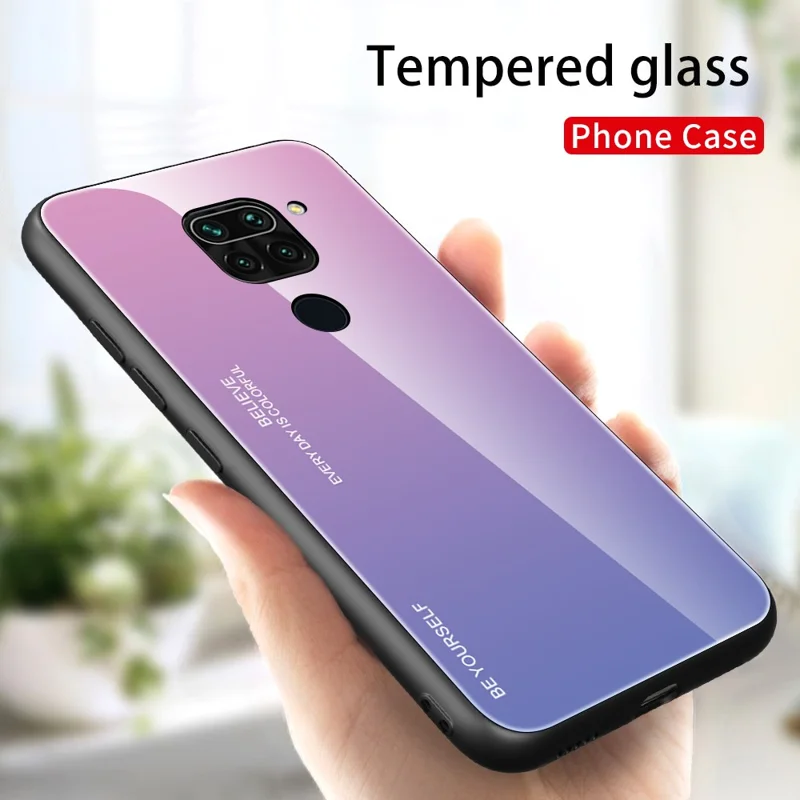 Gradient Color Tempered Glass + PC + TPU Hybrid Case for Xiaomi Redmi Note 9 - Pink / Blue