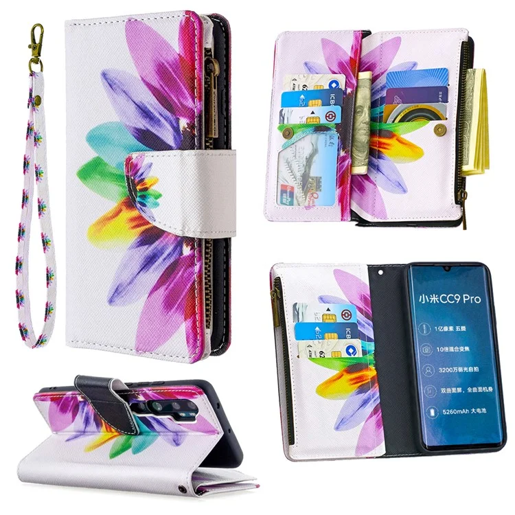 Portafoglio con Cerniera Decorata, Molti Scomparti per Carte di Credito, Supporto per Telefono in Pelle per Xiaomi Mi CC9 Pro/Mi Note 10/Mi Note 10 Pro - Fiore Colorato