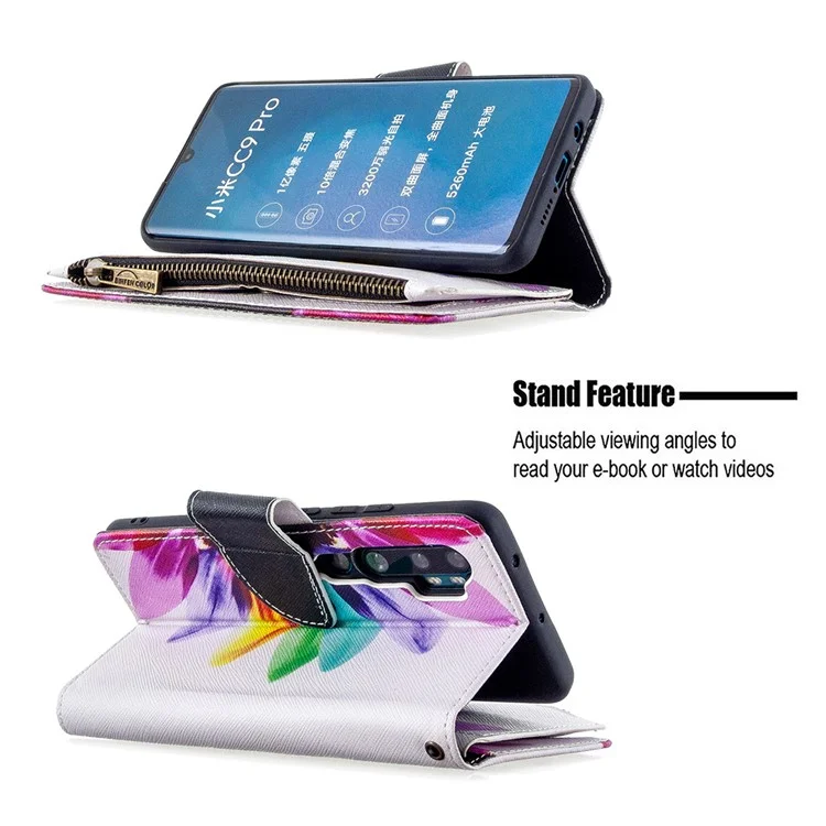 Portafoglio con Cerniera Decorata, Molti Scomparti per Carte di Credito, Supporto per Telefono in Pelle per Xiaomi Mi CC9 Pro/Mi Note 10/Mi Note 10 Pro - Fiore Colorato