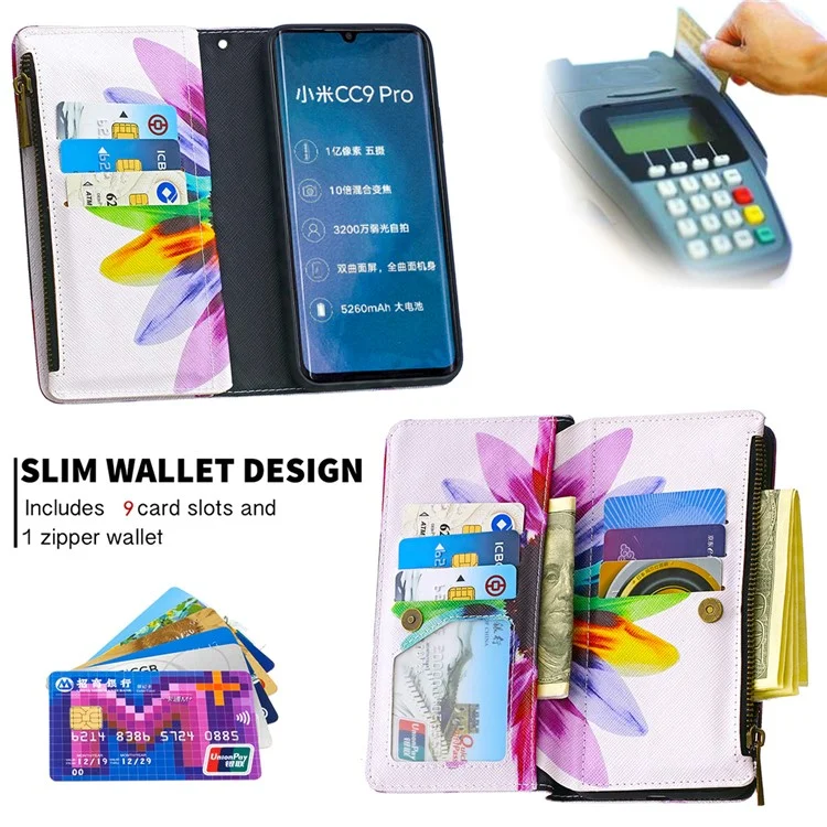 Portafoglio con Cerniera Decorata, Molti Scomparti per Carte di Credito, Supporto per Telefono in Pelle per Xiaomi Mi CC9 Pro/Mi Note 10/Mi Note 10 Pro - Fiore Colorato