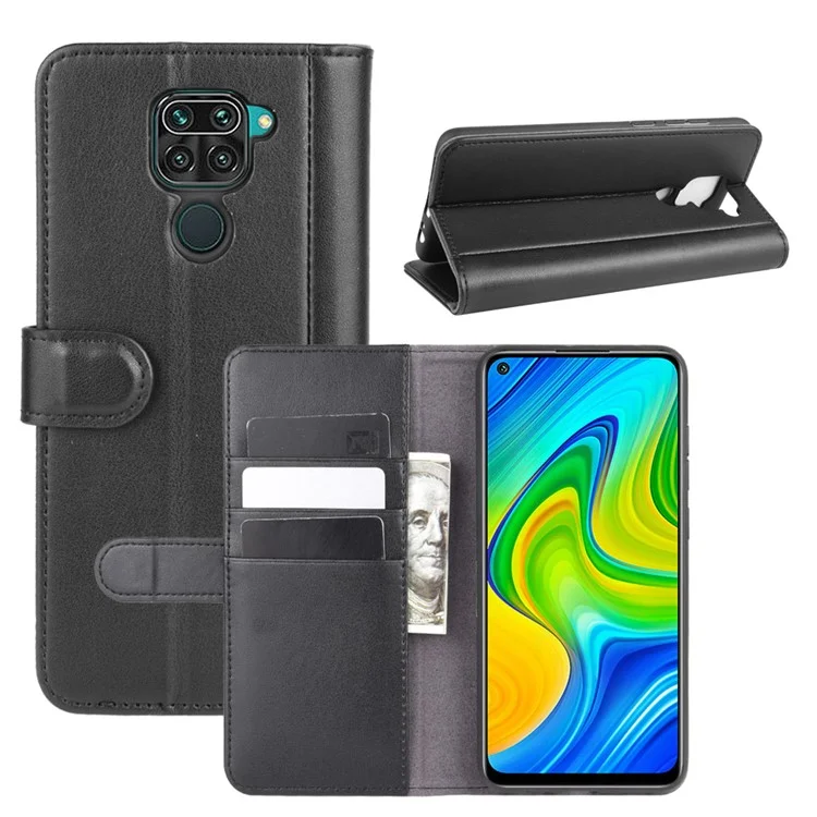 Genuine Split Leather Wallet Stand Mobile Cover for Xiaomi Redmi Note 9 - Black