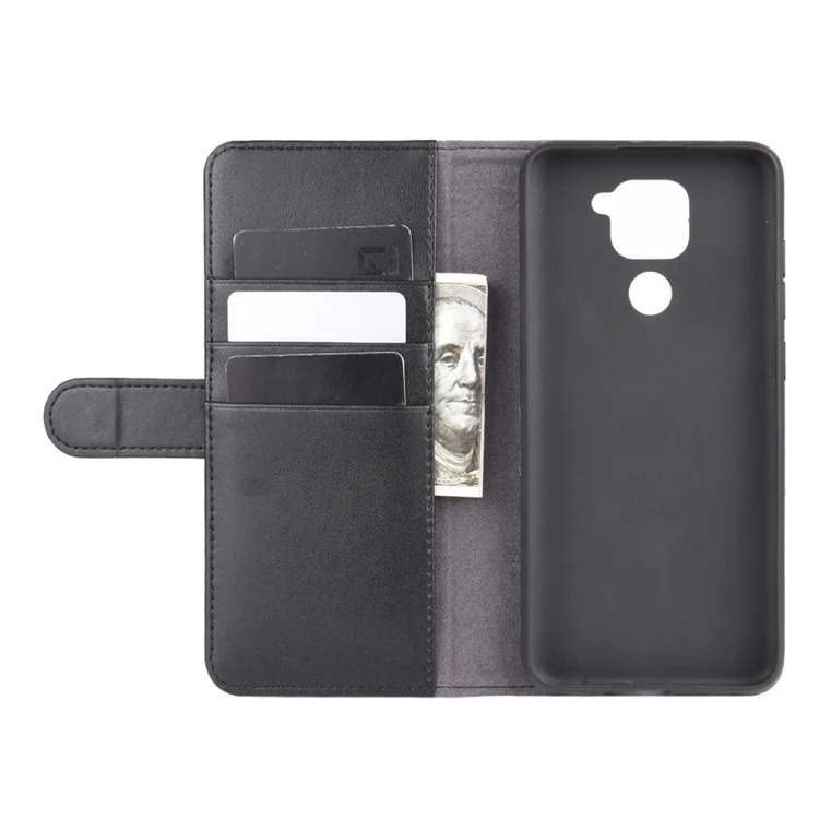 Genuine Split Leather Wallet Stand Mobile Cover for Xiaomi Redmi Note 9 - Black