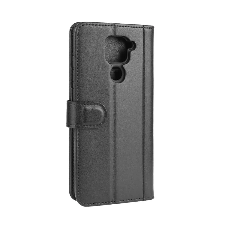 Genuine Split Leather Wallet Stand Mobile Cover for Xiaomi Redmi Note 9 - Black