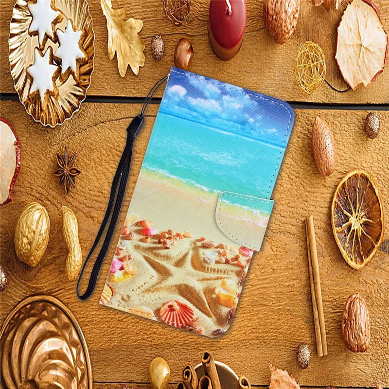 Pattern Printing Cover Magnetic Leather Wallet Case for Xiaomi Redmi Note 9/10X 4G - Beach