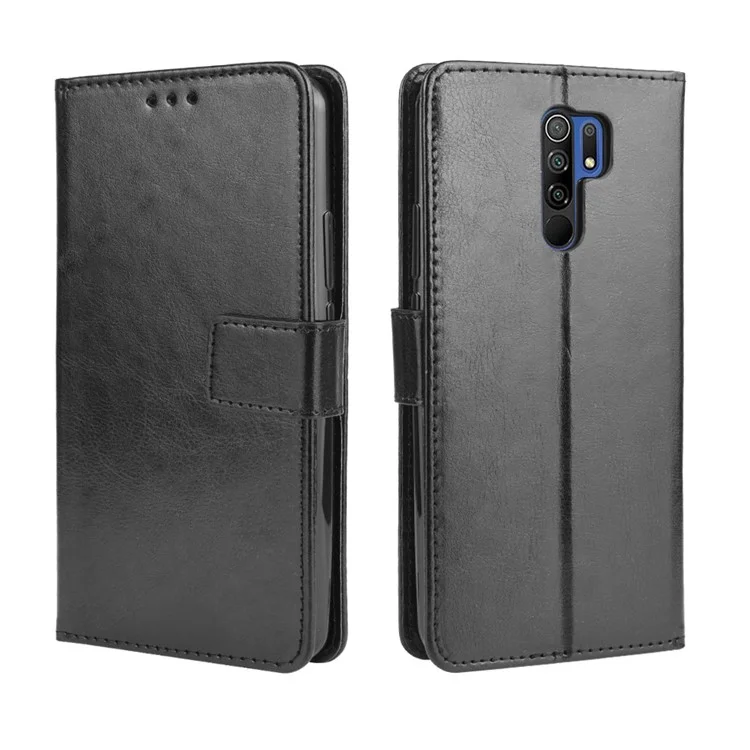 Crazy Horse Texture Wallet Stand Teléfono De Cuero Para Xiaomi Redmi 9 Prime (India) / Redmi 9 - Negro