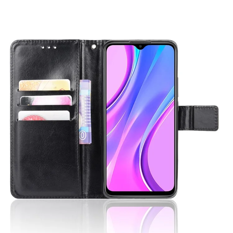 Crazy Horse Texture Wallet Stand Leather Phone Case for Xiaomi Redmi 9 Prime (India) / Redmi 9 - Black